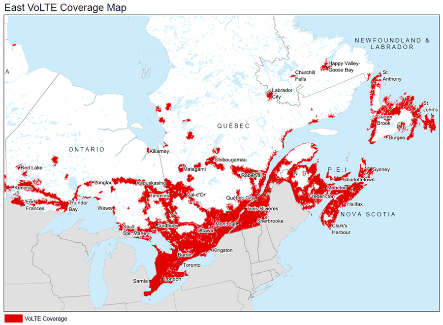 Ontario, Quebec and Atlantic Canada Coverage map